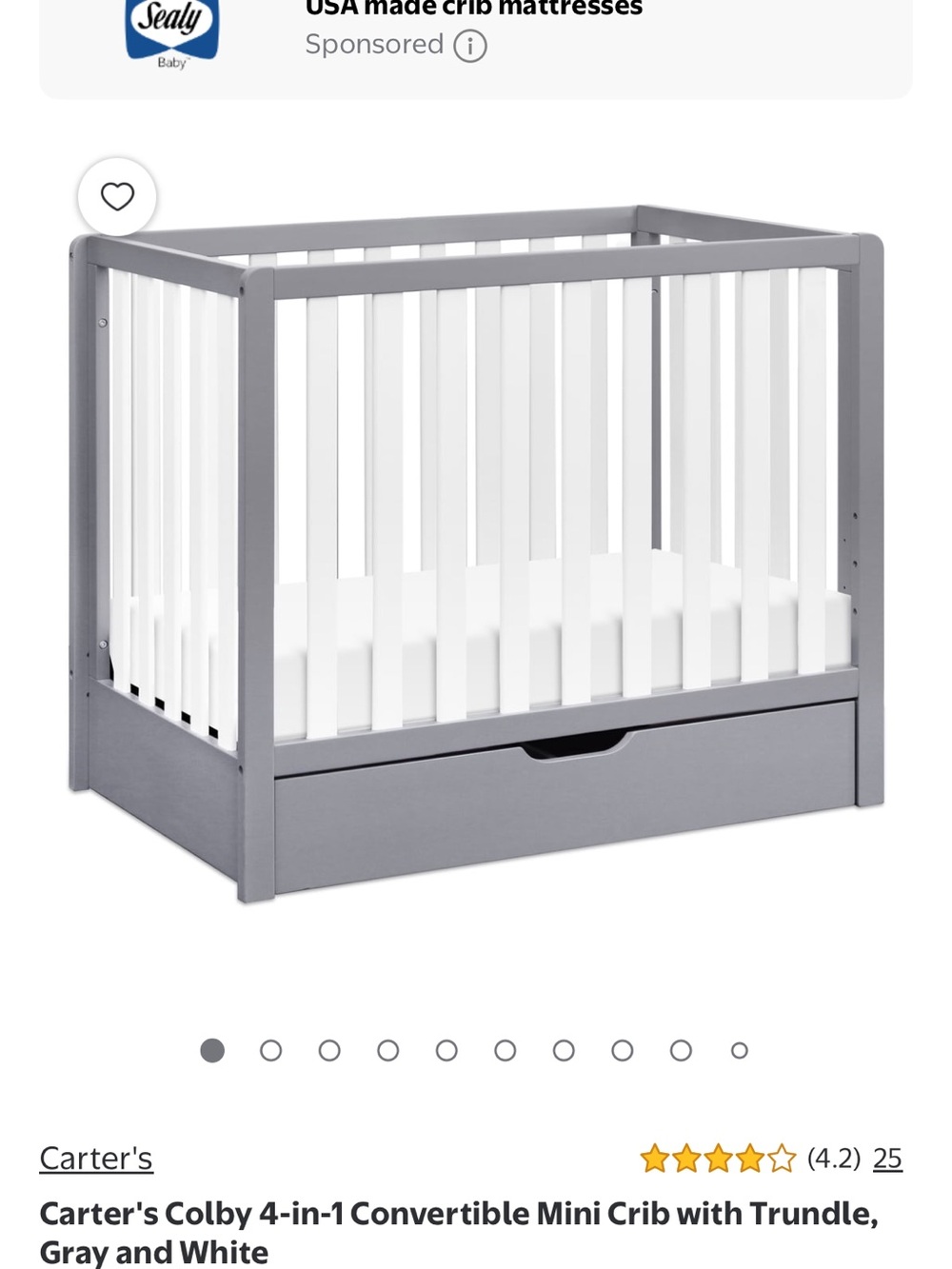 Carter's Gray and White Convertible Mini Crib with Trundle